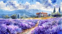 Watercolor countryside landscape with blooming lavender field, winding path leading to rustic house, cypress trees and mountains under summer clouds.