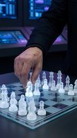 Senior businessman hand moving chess piece on futuristic glass board in high-tech office environment for strategic planning and decision making.