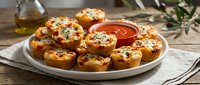 Golden baked potato cups filled with melted cheese and herbs served on white plate with tomato sauce dip, rustic kitchen setting for appetizer recipes.