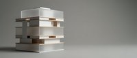Abstract geometric sculpture with stacked rectangular blocks in white and brown tones on neutral background for modern interior design concepts.