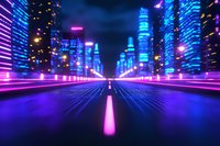 Futuristic night cityscape with neon lights and glowing skyscrapers along empty street, purple and blue color scheme creates cyberpunk atmosphere.