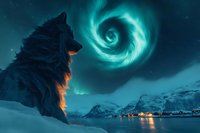 Majestic wolf silhouetted against northern lights spiral in night sky over snowy mountain landscape with glowing village lights reflecting on fjord waters.