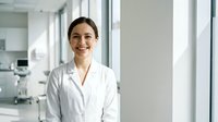 Smiling female doctor in white coat standing in modern hospital corridor with medical equipment in background for healthcare and medicine concepts.