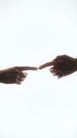 Two hands with index fingers almost touching on a white background, symbolizing connection, unity, and human interaction.