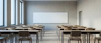 Modern empty classroom with wooden desks, chairs and white board ready for students and educational activities in contemporary school setting.