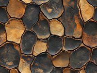 Abstract pattern of dark gray and orange stone shapes with rough textured surface creating organic mosaic effect. Natural geological background for design projects.