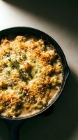 Golden baked casserole with herbs and breadcrumb topping in cast iron skillet on dark surface with warm lighting for comfort food recipes.