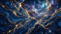 Abstract cosmic lightning strikes through swirling blue and gold nebula clouds with sparkling stars in deep space fantasy artwork.