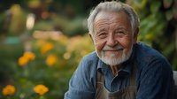 Senior Caucasian male gardener with white beard smiling warmly in garden setting with orange flowers, wearing denim shirt and apron for retirement lifestyle content.