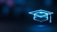 Glowing blue graduation cap made of connected dots and lines on dark background representing digital education and academic achievement in technology.