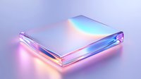 Minimalist holographic notebook with iridescent cover reflecting pink and blue neon lights on white surface, modern aesthetic design for creative projects.