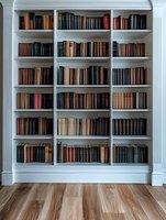 White built-in bookshelf filled with vintage leather-bound books in home library interior with hardwood floors for reading room design and literary decor.