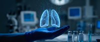 Medical professional holding holographic lungs projection in modern hospital laboratory for respiratory health diagnosis and pulmonary care treatment.