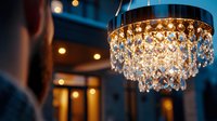Elegant crystal chandelier with cascading glass pendants illuminated in warm light creates luxurious ambiance in modern interior space, with blurred person silhouette.
