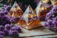 Crystal pyramid with golden flower inside on wooden surface surrounded by purple flowers, mystical esoteric composition with natural light and soft focus.