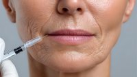 Close-up of mature woman receiving dermal filler injection in nasolabial fold area, showing cosmetic procedure for facial rejuvenation and wrinkle reduction.