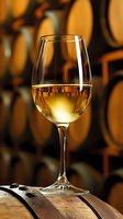 Glass of white wine on oak barrel in cellar with wooden casks in background, golden liquid catching warm ambient light creates elegant atmosphere.