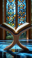 Open holy book on wooden stand against stained glass window in church, with colorful light reflections creating spiritual atmosphere. Religious study concept.