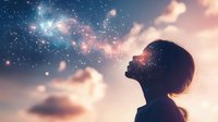 Silhouette of young woman looking up at starry night sky with glowing galaxy and pink clouds, spiritual awakening and mindfulness concept.