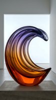 Contemporary glass sculpture with flowing wave design in gradient purple to orange colors displayed on wooden surface in modern gallery setting.