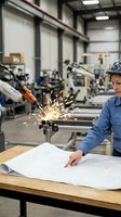 Engineer reviewing blueprints at industrial manufacturing facility with welding sparks and machinery in background. Male worker in hard hat and blue shirt planning construction project.