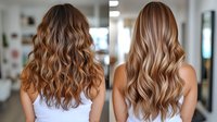 Long wavy brown hair with blonde balayage highlights shown from behind on two female models, demonstrating professional salon hairstyling and coloring techniques.