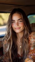 Young woman with freckles and long brown wavy hair smiling in car interior, wearing floral dress and delicate necklace. Natural beauty portrait in warm sunlight.