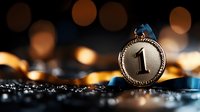 Gold medal with number one on dark background with bokeh lights and reflective surface, highlighting achievement and victory in competitive sports.