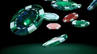 Glowing casino poker chips floating in dark space with dramatic lighting and reflections. Green and red gaming tokens against black background create atmospheric gambling scene.