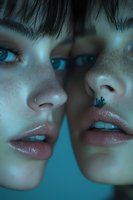 Close-up portrait of young Asian woman face reflected in mirror with dramatic blue lighting, showing detailed features, freckles and glossy lips against dark background.