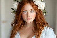 Young woman with red hair and freckles wearing white floral crown and ethereal white dress against light background, natural makeup and soft lighting create romantic mood.