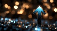 Glowing blue arrow pointing upward against dark background with golden bokeh lights, symbolizing growth, success and forward momentum in business concepts.