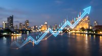 Financial growth arrow overlay on blurred city skyline at dusk with water reflection showing business success and economic development trends.