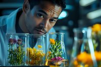 Laboratory scientist examining colorful wildflowers in glass containers during botanical research experiment. Modern facility with dramatic lighting creates scientific atmosphere.