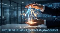 Future of human resources management, digital transformation in workforce planning and employee development. Businessman hands holding glowing holographic figure representing innovation in HR technology and organizational growth.