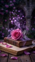 Pink rose with purple smoke rising from antique book surrounded by bokeh lights and scattered petals on wooden surface for fantasy, romance, and literary design projects.