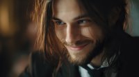 Young man with long brown hair and beard smiling mysteriously at camera in dark moody lighting, wearing black jacket. Close up portrait with shallow depth of field.