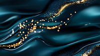 Luxurious dark teal waves with golden glitter trail creating elegant flowing pattern. Abstract background with shimmering sparkles and smooth liquid texture.