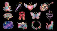 Colorful isolated design elements on transparent background including boots, microphone, winged heart, guitar, bracelet, scarf, butterfly, snake, cloud, camera, wreath and cat. Ready for t-shirts, stickers, clipart and print-on-demand projects.