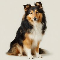 Tricolor Shetland Sheepdog sitting against neutral beige background, showcasing long fluffy fur and alert expression for pet photography.