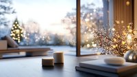 Cozy winter evening atmosphere with glowing candles, decorative lights and snowy window view creating peaceful holiday ambiance for seasonal designs.