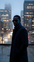 African American male model wearing dark sunglasses and black coat standing against illuminated city skyline at dusk. Urban fashion and lifestyle photography.
