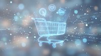 Digital shopping cart with glowing icons and network connections on bokeh background representing e-commerce technology and online retail innovation.
