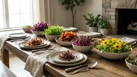 Thanksgiving dinner table setting with colorful salads, roasted vegetables and autumn decorations in cozy dining room with fireplace.
