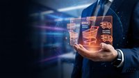 Businessman holding holographic shopping cart with digital payment icons and security symbols for ecommerce technology and online retail solutions.