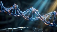 Glowing DNA double helix structure with blue and orange neon light effects on dark background, representing genetic research, biotechnology, and molecular science applications.