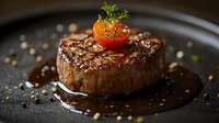 Grilled beef tenderloin steak topped with cherry tomato and microgreens on dark plate with peppercorn sauce, dramatic lighting highlights juicy meat texture.