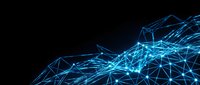 Abstract blue digital network with glowing connections and geometric lines on dark background for technology and data visualization concepts.