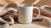 White ceramic coffee mug on beige linen fabric with soft shadows and folds creating minimalist composition for lifestyle and product photography.