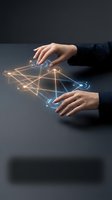 Two hands with light skin tone wearing dark business attire manipulate glowing golden network connections and nodes, representing digital communication, data transfer, and global connectivity for technology and business applications.